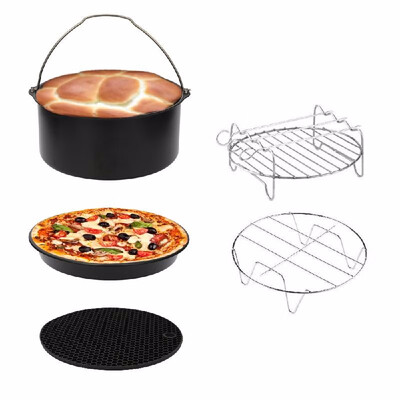 

5PcsSet Air Fryer Kitchen Accessories Cake Barrel Pan Rack Mat Kit Metal Pizza