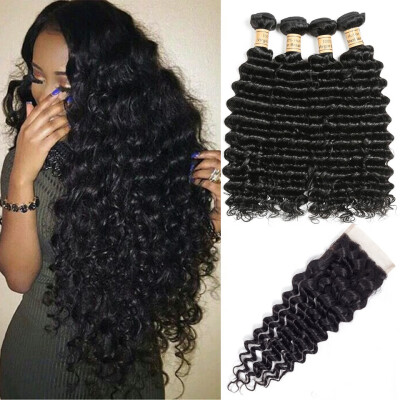 

4 Bundles 100 Human Hair Weave Bundles With Lace Closure Brazilian Hair Deep Wave Bundles With Free Part Closure Non Remy Hair