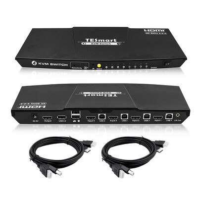 

TESmart 4x1 HDMI KVM Switch HDMI 4K 3840x216060Hz 444 with 2 Pcs 5ft15m KVM Cables Supports USB 20 Devices
