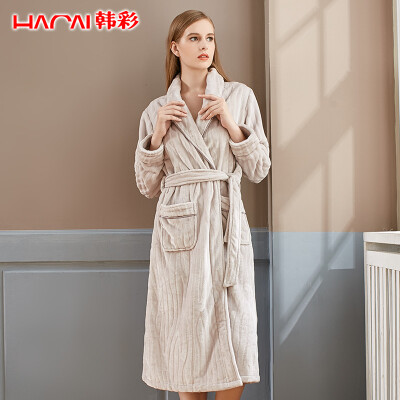 

Han Cai HACAI pajamas ladies flannel autumn&winter plus velvet thick coral fleece long-sleeved lapel slings with bathrobes robe smoke purple gray 16590