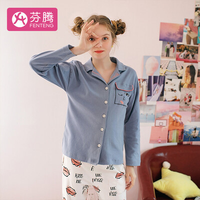 

Fen Teng 2019 new atmosphere V-shaped lapel personality printing soft cotton long-sleeved home service ladies pajamas J980A11687 Gray Blue M