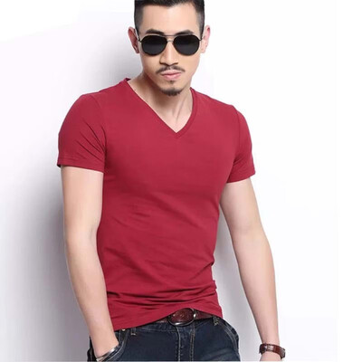 

Aa-shop 95cotton Men V-neck T-shirt Solid color Business Style