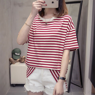 

JOY OF JOY Jingdong Womens 2019 Summer New Short Sleeve Striped Cotton Knit Joker T-Shirt Women Loose Top Women JWTD191471 Red L