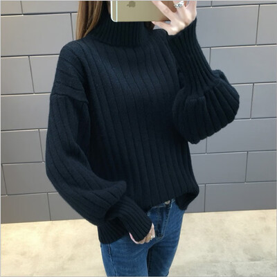 

2018 new autumn&winter extra thick lantern sleeve waist top with bottom blouse top womens loose half high collar