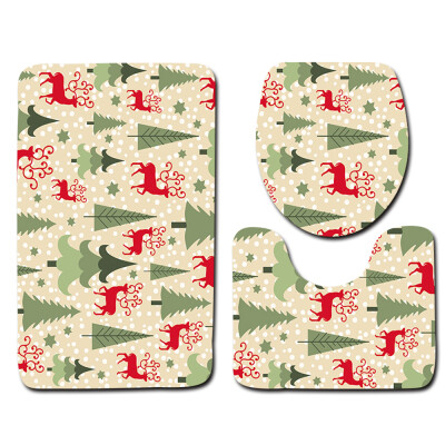 

3PcsSet Home Bathroom Decor Christmas Elk & Tree Printed Non-Slip Floor Mat Bath Mat Pedestal Rug Lid Toilet Cover Christmas