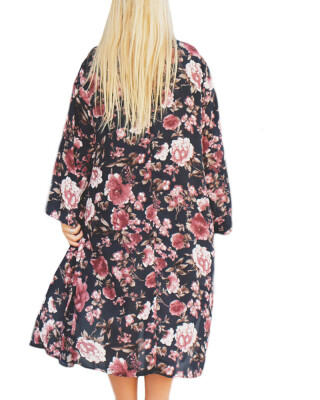 

New Women Chiffon Loose Cardigan Open Front Floral Print Long Sleeves Thin Vintage Casual Outerwear Black