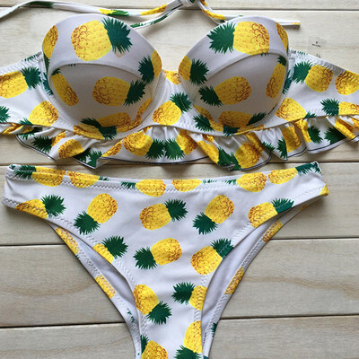 

Sexy Vintage Pineapple Bikini Set Push Up Strapless Swimswear Swimsuit Ruffle Flounce Bathing Suit
