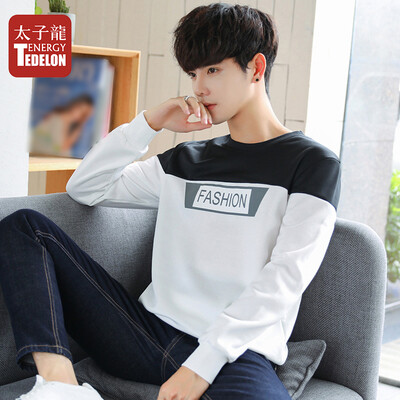 

Prince Dragon TEDELON long-sleeved T-shirt male 2019 spring new round neck solid color stitching casual Slim fashion trend sweater t-shirt clothes mens Y76 white 3XL