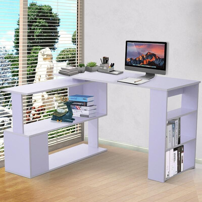 

360° Rotating Home Office Corner Desk&Storage Shelf Combo - White