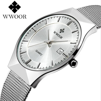 

Mens WWOOR Brand Casual Waterproof Watch Stainless Steel Mesh Strap Simple Date Quartz Wrist Watches