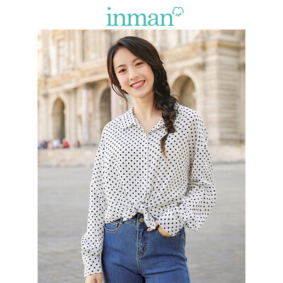 

INMAN 2019 spring new lapel retro art fan wave point shirt long sleeve shirt female 1891011076 white