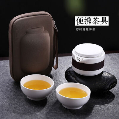 

White Porcelain Gongfu Teapot & Two Teacups Travel Kung Fu Tea Set in Zipper Bag