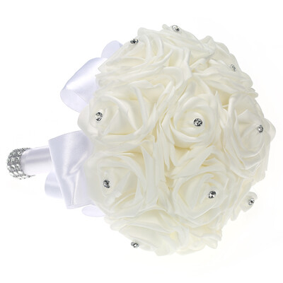 

21cm White Artificial PE Rose Wedding Bouquet Bridal Holding Satin Rhinestones Bouquet Wedding Supplies