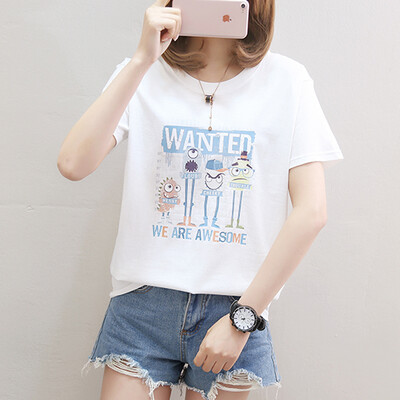 

Langyue Womens 2019 Summer New Cartoon Letter Print Short Sleeve T-Shirt Female Korean Student Loose Casual Top LWTD191541 White L
