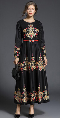 

M L XL XXL vintage new autumn 2018 women long maxi dress long sleeve black gold flower digital print slim A line ankle length