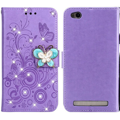 

MOONCASE Millet Red Rice 5A Butterfly Rhinestone Embossed Leather Case - Purple