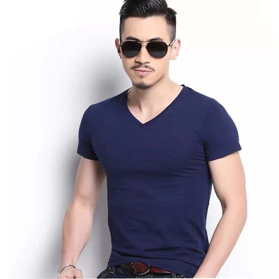 

Aa-shop 95cotton Men V-neck T-shirt Solid color Business Style