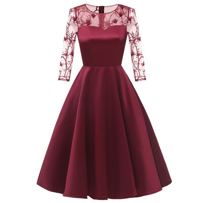 

2019 New Elegant Women Dresses O-neck Lace Embroidered Sexy Openwork A-line Dress
