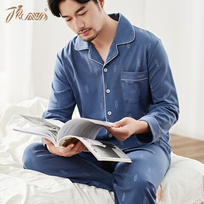 

Top melon melon pajamas mens cotton spring casual printing lapel mens long-sleeved home service suit jd50120 Navy blue 180