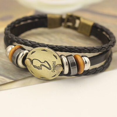 

12 Constellations Bracelet Fashion Jewelry Leather Bracelet Men Casual Personality Zodiac Signs Punk Bracelet