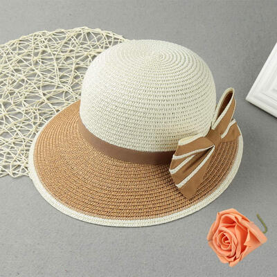 

New Fashion Women Bow Straw Hat Contrast Color Wide Brim Summer Beach Sun Cap Floppy Trilby Hat KhakiCoffeeDark Blue