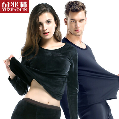 

Yu Zhaolin thermal underwear men&women couple plus velvet thick gold velvet round neck suit autumn clothes long trousers cotton women - texture black L