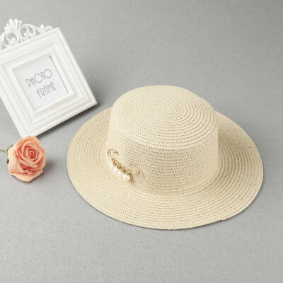 

Fashion Women Sun Hat Straw Hat Solid Wide Brim Bead Summer Sunbonnet Beach Panama Hat