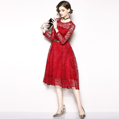 

2018 Autumn New Womens Lace Dresses Floral Crochet Hollow Out Vestidos Patchwork Casual Slim Office Party Dress