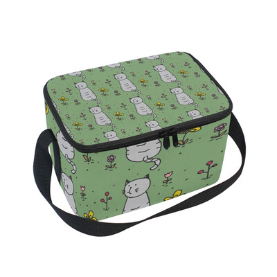 

ALAZA Insulated Lunch Box Green Flower Cats Lunch Bag for Men Women Portable Tote Bag Cooler Bag