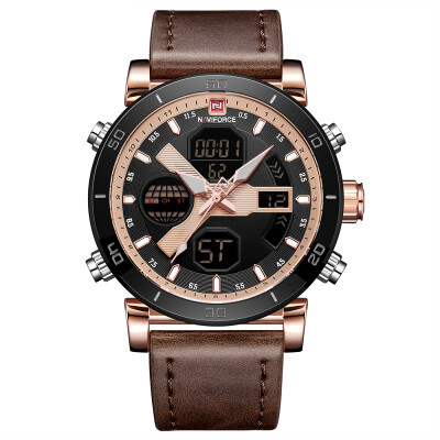 

NAVIFORCE Men Quartz Fashion Casual Sports Wristwatch Dual Time Analog Digital Display Watch 3ATM Water Resistant Leather Strap Ba