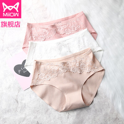 

Cat man modal lace sexy seamless womens underwear mid-waist sweet cute girl student shorts briefs skin color white pink XXL