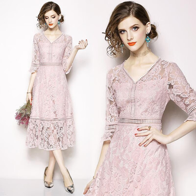 

M L XL XXL elegant new spring 2019 lace long dress women half sleeve pink flower mid calf vintage slim A line lady