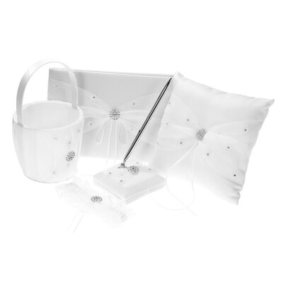 

5pcsset White Wedding Supplies Satin Flower Girl Basket Ring Bearer Pillow Guest Book Pen Holder Bride Garter Set