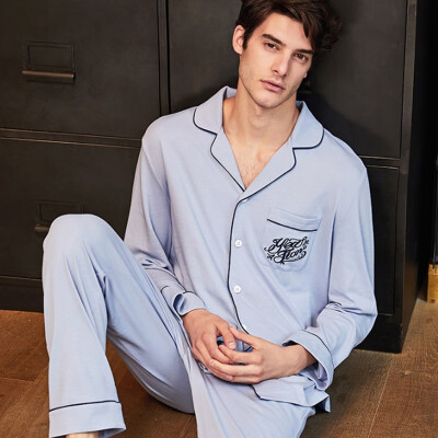 

Netease carefully selected pajamas mens home service cotton mens long sleeves can be worn outside cardigan cotton pajamas mens suit mens combed cotton knit embroidery home service shirt pants gray blue L