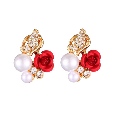 

Fashion Rose Flower Pearl Rhinestone Ear Clips Alloy Women Luxury Earrings Jewelry