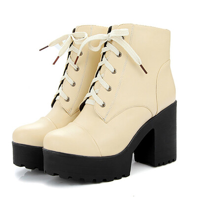 

IDIFU Womens Casual Lace up Round Toe Block High Heel Platform Ankle Booties