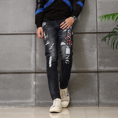 

new 2018 autumn men fashion jeans wonderful thin society printed male