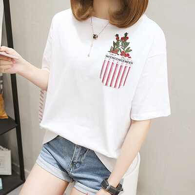 

Langyue Womens 2019 Summer New Korean Embroidered Pocket Loose Short Sleeve T-Shirt Women LWTD191536 White M