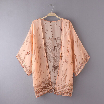 

Women Summer Shirt Kimono Boho Cardigan Vintage Print Blouse Loose Beach Cover Up Outerwear OrangeGreen