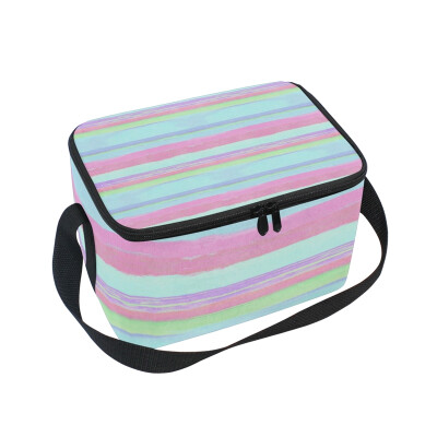 

Lunch Box Insulated Lunch Bag Large Cooler Pink Blue Stripes Tote Bagfor Kids Men Women