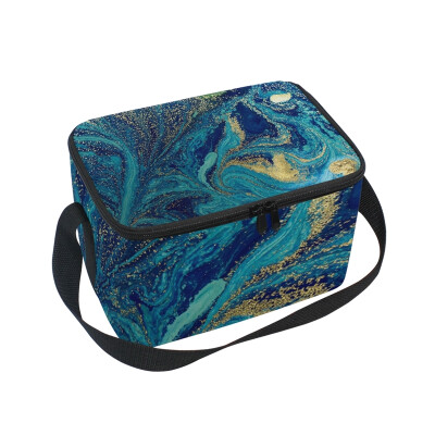 

ALAZA Lunch Box Insulated Lunch Bag Large Cooler Marbled Blue And Golden Abstract Tote Bag