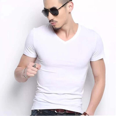 

Aa-shop 95cotton Men V-neck T-shirt Solid color Business Style