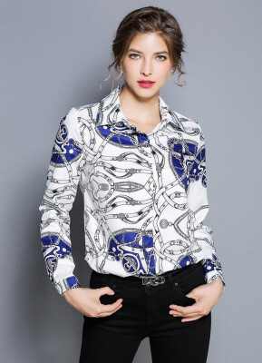 

L XL XXL elegant new autumn 2018 women blouse shirt long sleeve white blue print office lady top