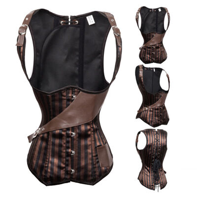 

SLIMBELLE Womens Corset Body Shaper Black Punk Gothic Bustiers Underbust Top Cincher Black Brown Stripe