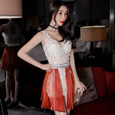 

Sexy dress 2018 spring&summer new product deep V stereo flower mosaic perspective mesh yarn nightclub ladies