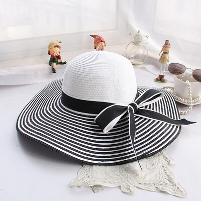 

Fashion Women Straw Sun Hat Wide Brim Stripes Bow Floppy Cap Summer Beach Bohemia Headwear Black