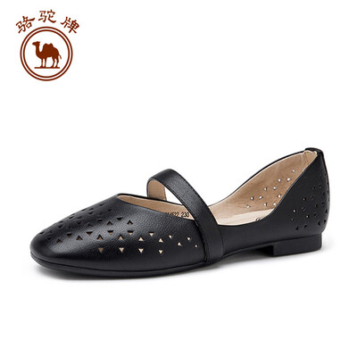 

Camel brand single shoes female first layer cowhide fashion hollow flat bottom button W91504522 black 35225 yards