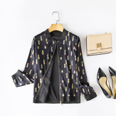 

Silk jacket 2019 spring&summer coat silk silk collar long sleeve zipper loose multicolor volleyball clothing autumn female