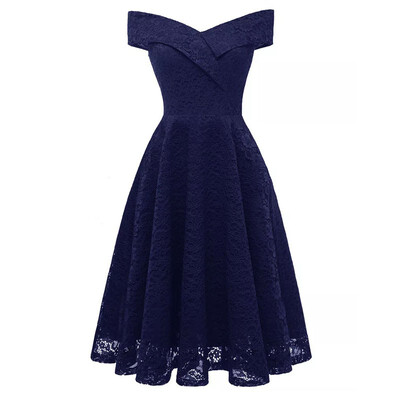 

Women Lace Dresses Classic Boat Neck Female Party Prom A-line Dress Free Shipping