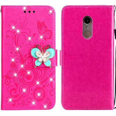 

MOONCASE Millet red rice 5 butterfly rhinestone embossed leather case - red